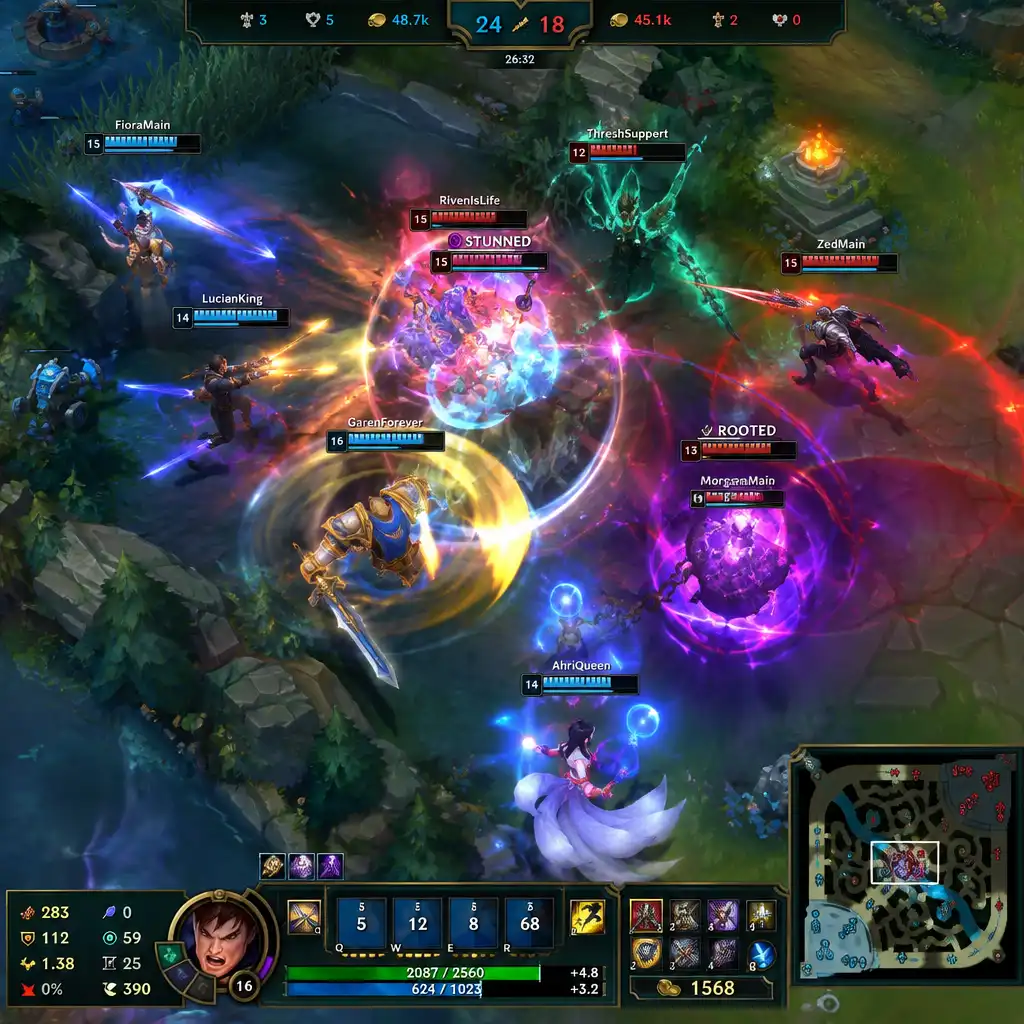 Intense team fight from a competitive game with colorful abilities and HUD