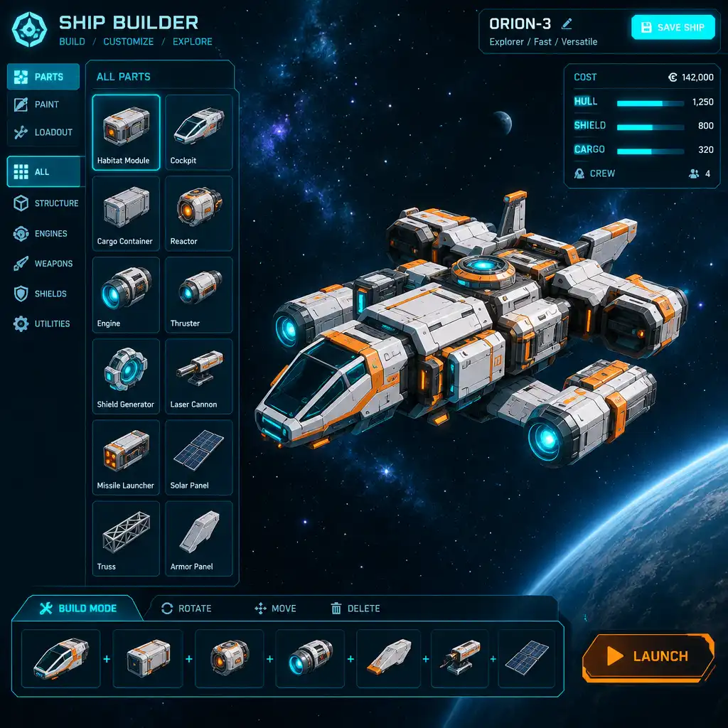 Spaceship building interface in a sci-fi game with modular parts and a starfield background.