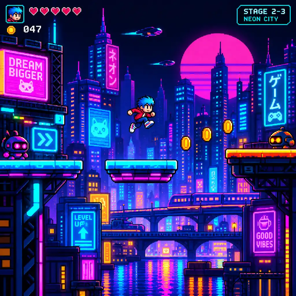 A vibrant pixel-art platformer scene with a character jumping across neon-lit platforms