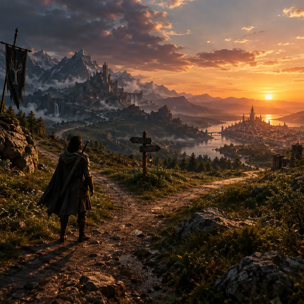 A lone character stands at a crossroads in a vast fantasy landscape, considering the weight of choice.