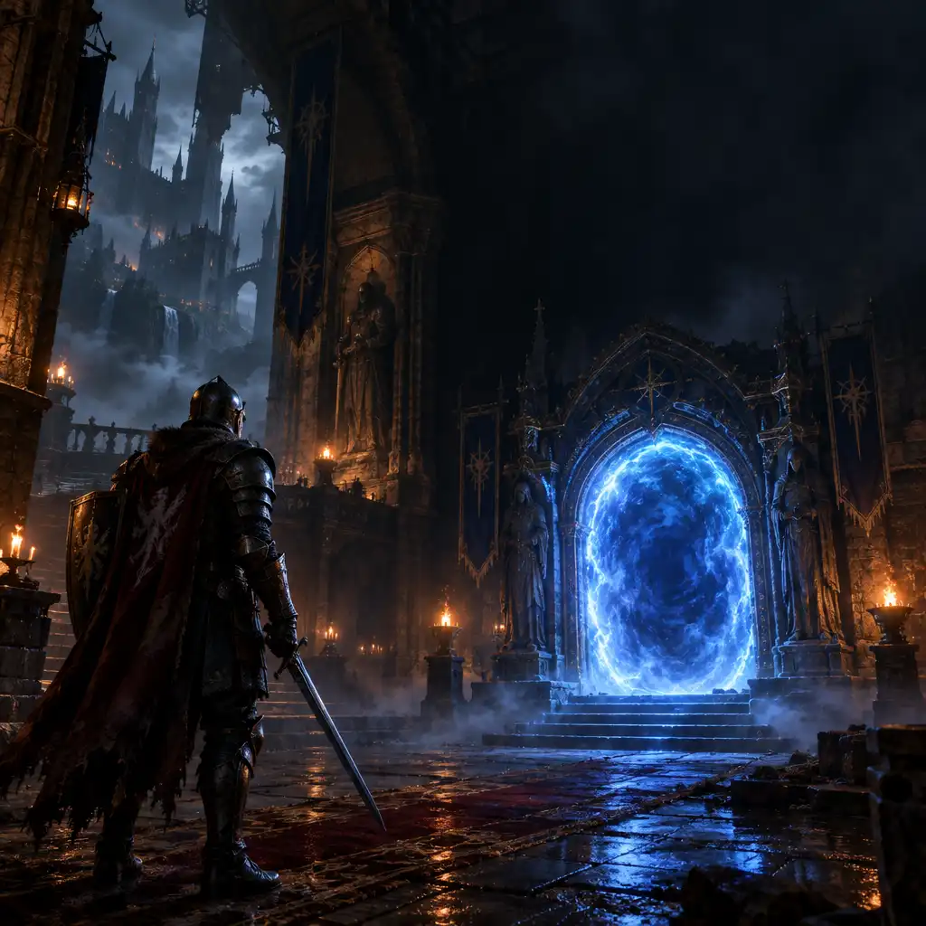 A knight stands before a glowing magical portal in a dark fantasy castle
