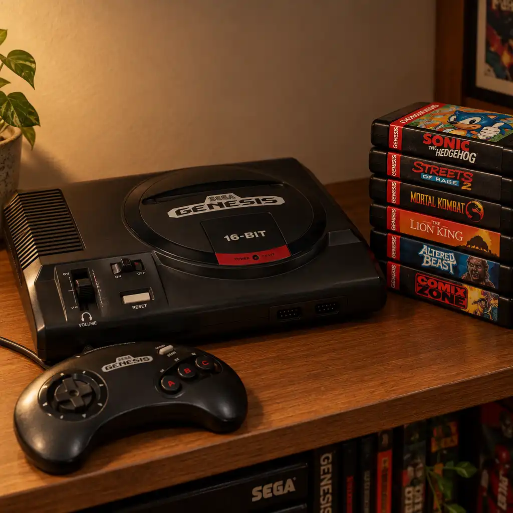 A Sega Genesis console with a controller and a stack of game cartridges